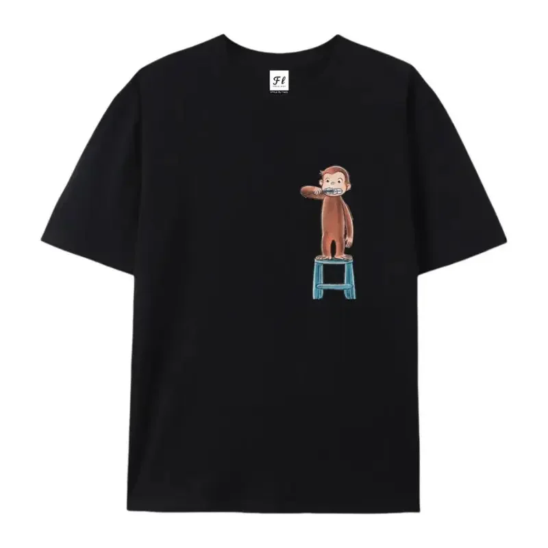Vintage Curious George Brushing Teeth Graphic T-Shirt, Funny 90s Nostalgic Cotton Top, Minimalist Aesthetic Casual Shirt, Oversized Cute Retro Cartoon Streetwear Tee,Unisex Classic Cartoon Fan Outfit For Men Women 90s Childhood Nostalgia Anime Fan Apparel
