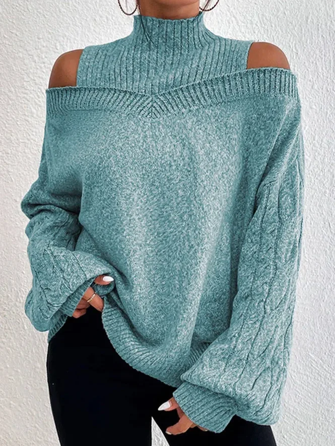 Winter Clothes Woman Solid Color Fashionable Off-shoulder Sweater Long Sleeves Half Turtleneck Knitted Long Sleeves Pullovers
