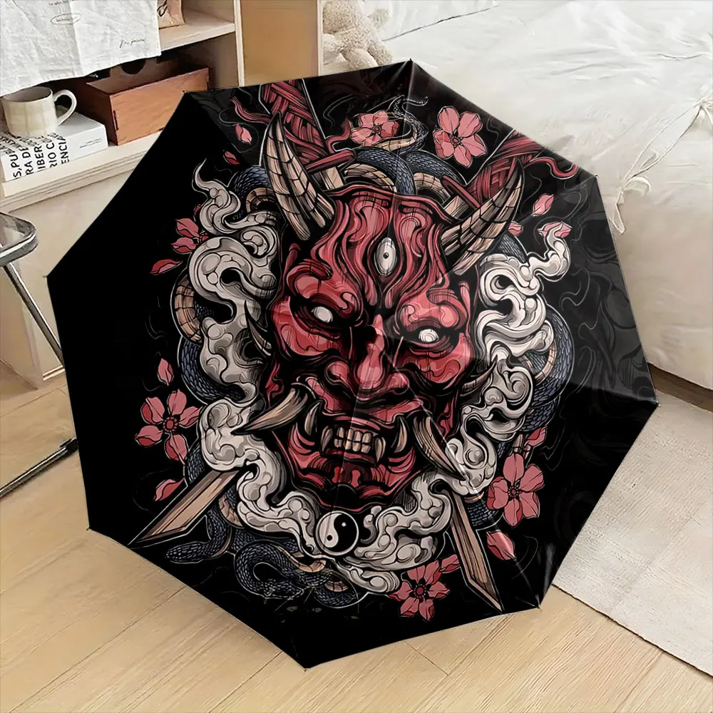 Japanese Oni Mask Design Umbrella - Dark Artistic Style Compact Fashion Folding Umbrella for Daily Use, Christmas Gift