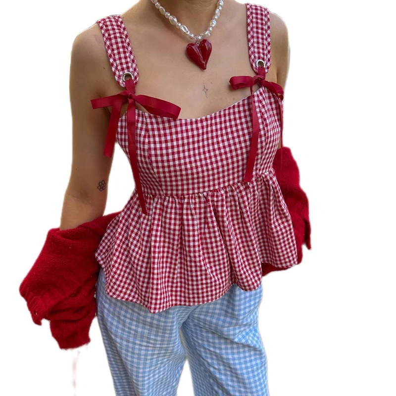 Fairy Sweet Cute Bow Tie Up Sleeveless Camis Girl Kawaii Clothes Fashion Outfits Vintage Style Crop Tops Y2K Ruffles Peplum Vest