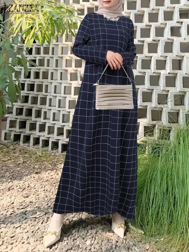 

ZANZEA Women Causal Loose Plaid Maxi Dresses Muslim O Neck Long Sleeve Checked Abaya Robes Islamic Hijab Holiday Long Vestidos
