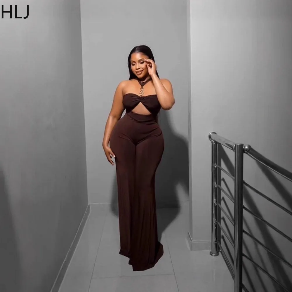 HLJ エレガントな中空パッチワークボディコンジャンプスーツ女性のためのホルターネックノースリーブバックレスロンパース女性ストリートウェアオーバーオール新しい