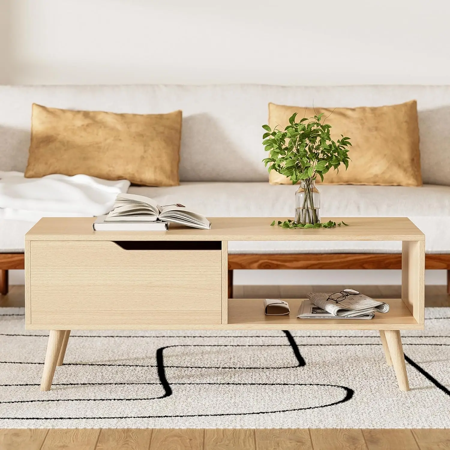 Stolik kawowy z drewna dębowego, stolik kawowy w stylu mid-century modern z szufladą i półką, prosty drewniany stolik konsola 99 cm, możliwość personalizacji