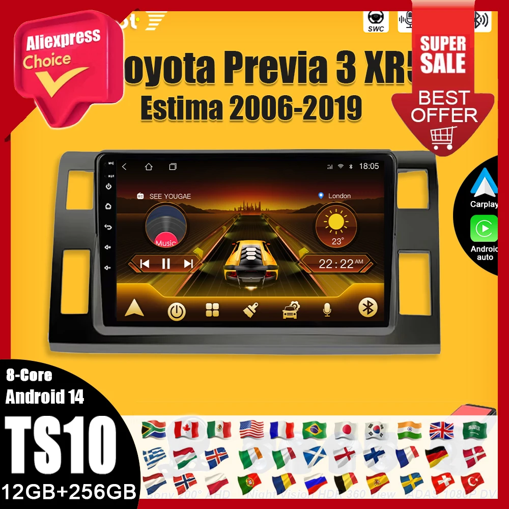 For Toyota Previa 3 XR50 Estima 2006 2007 2008-2019 Android 16  Car Radio Multimedia Video Player Carplay Bluetooth Touch Screen