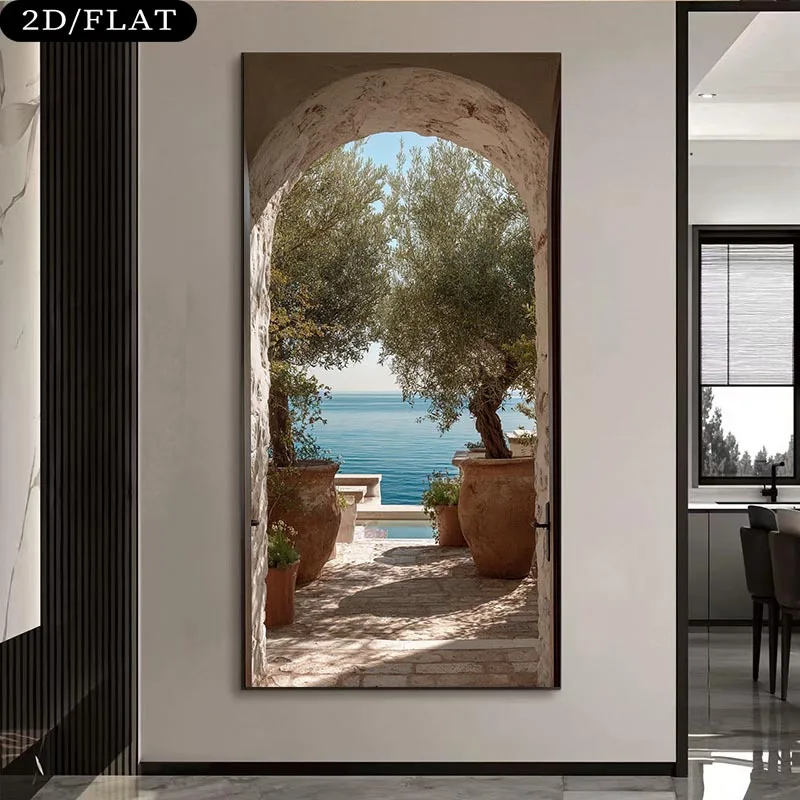 

Ocean View Olive Tree Archway Canvas Print Large Frameless Home Wall Decoration, Realistic Poster, for Living Room and Bedroom