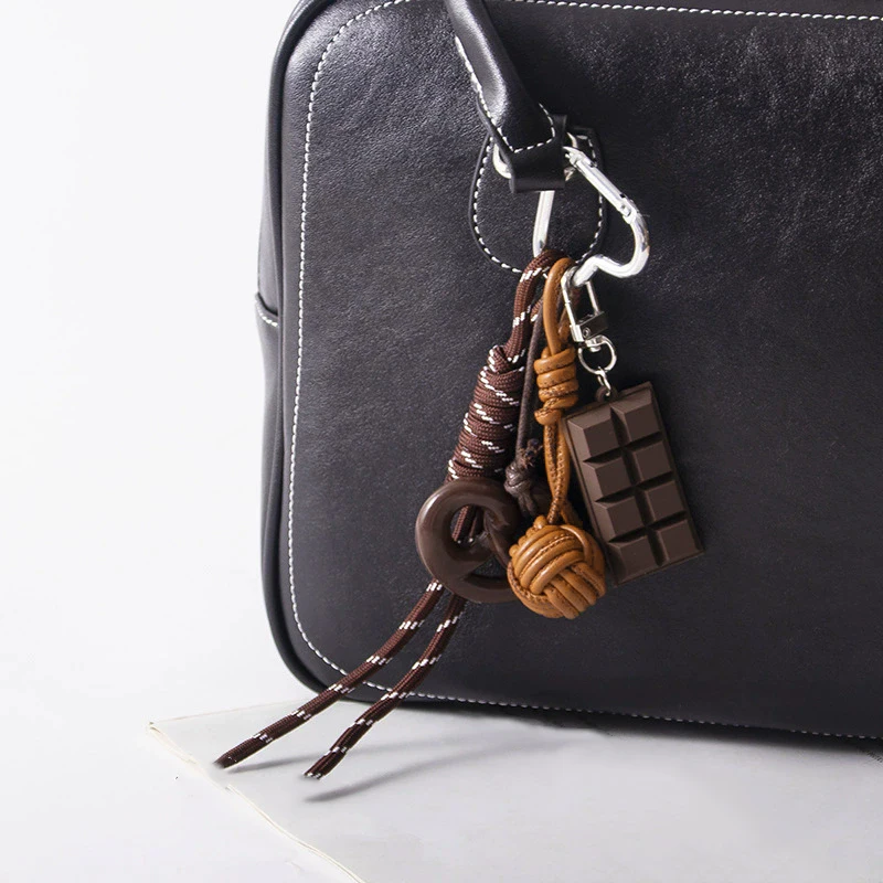 Creative Style Bread Car Keychain Bag Maillard Leather Dog Cat Chocolate Pendant Hand Woven Bag Hanging Charm Accessories