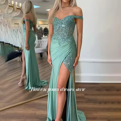 Flowers Prom Dress Off Shoulder Party Dress Evening Dress Shiny Applique Celebrity vestido de fiesta فساتين مناسبة ر Customized