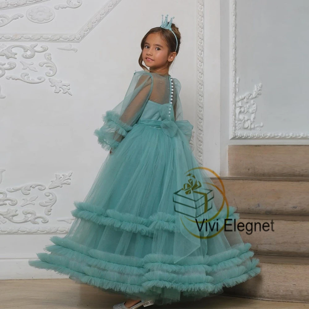 Green Full Sleeve Flower Girl Dresses for Communion Summer Scoop Floor Length Soft Tulle Wedding Party Gowns فساتين اطفال للعيد