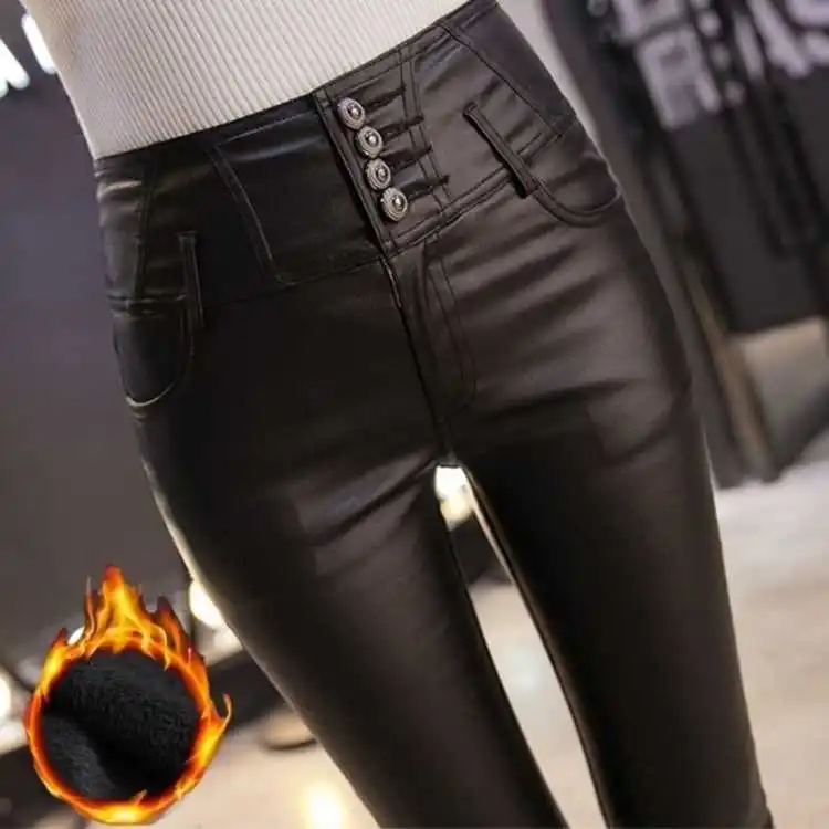 2023 winter warm woman pu leather pants women elastic velvet trousers pencil leggings tights women show thin dress