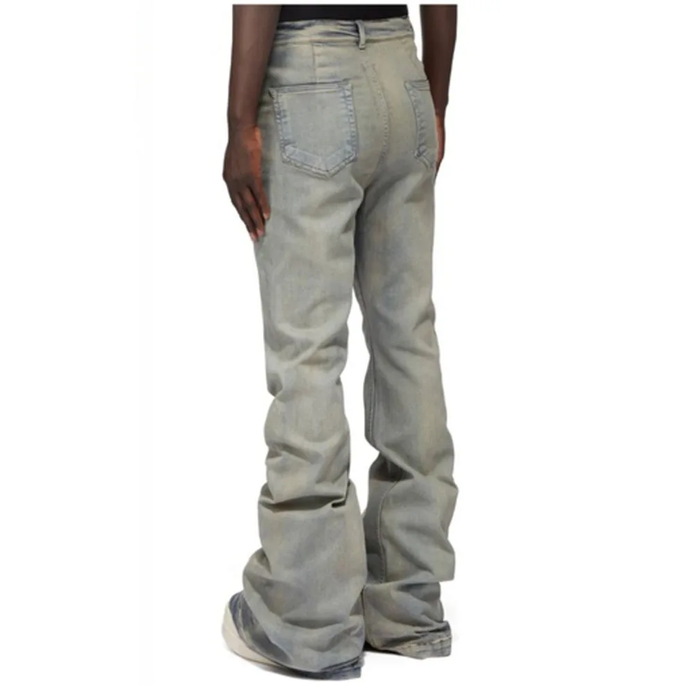 High Street Ro Style Washed Denim Pants Men's Blue High Waisted Slim Fit Elastic Pocket Pleated Horn Streetwear Jeans Pants