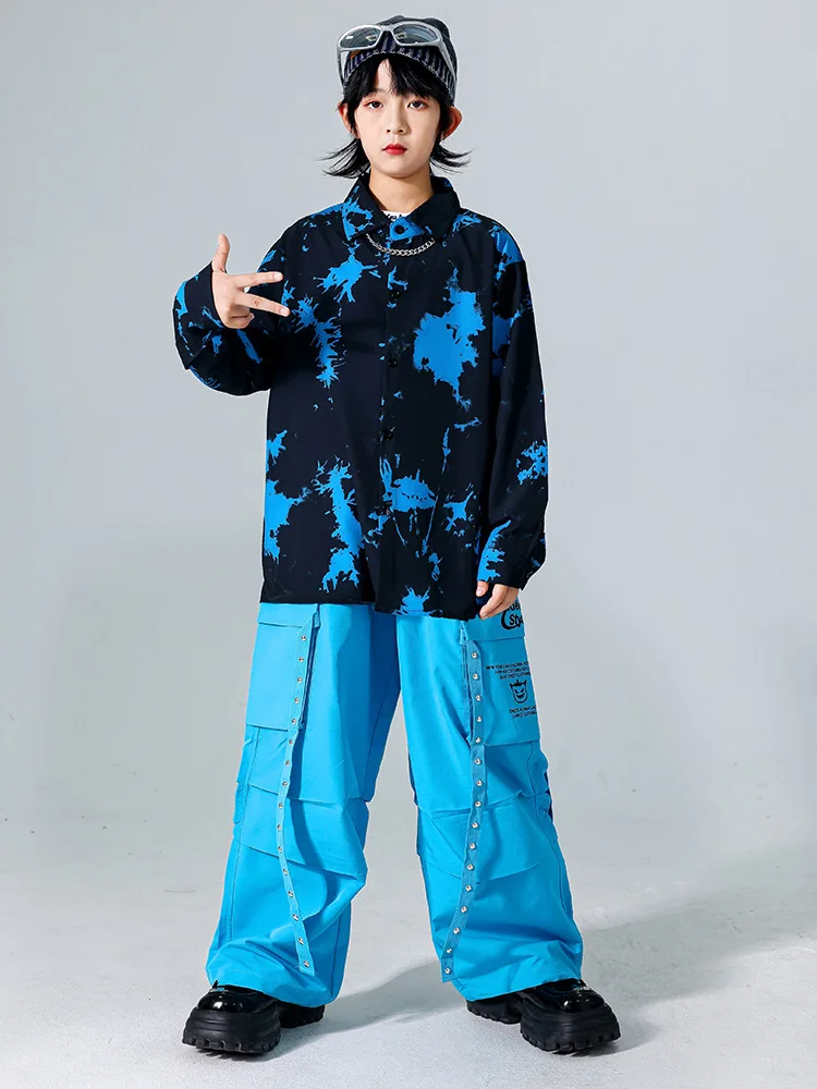 Jungen K-pop Street Dance Sets Tie-dye Hemd Cargo Hosen Mädchen Hip Hop Blau Jogger Kinder Kleidung Kinder jazz Streetwear
