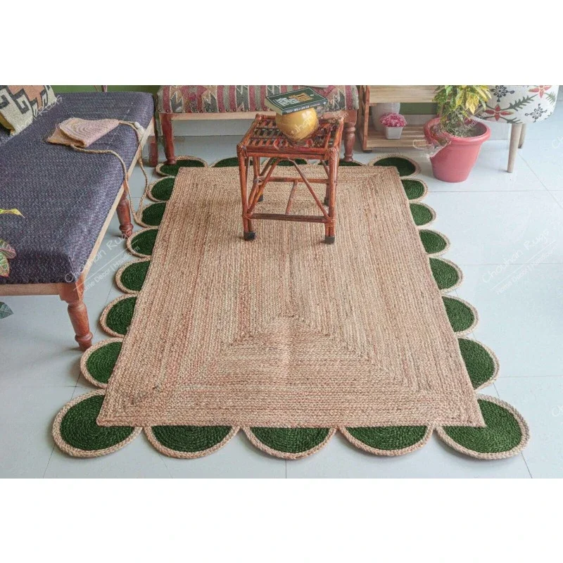 

Indian Handwoven Scalloped Jute Rug with Beige and Green Color Home Décor Rugs