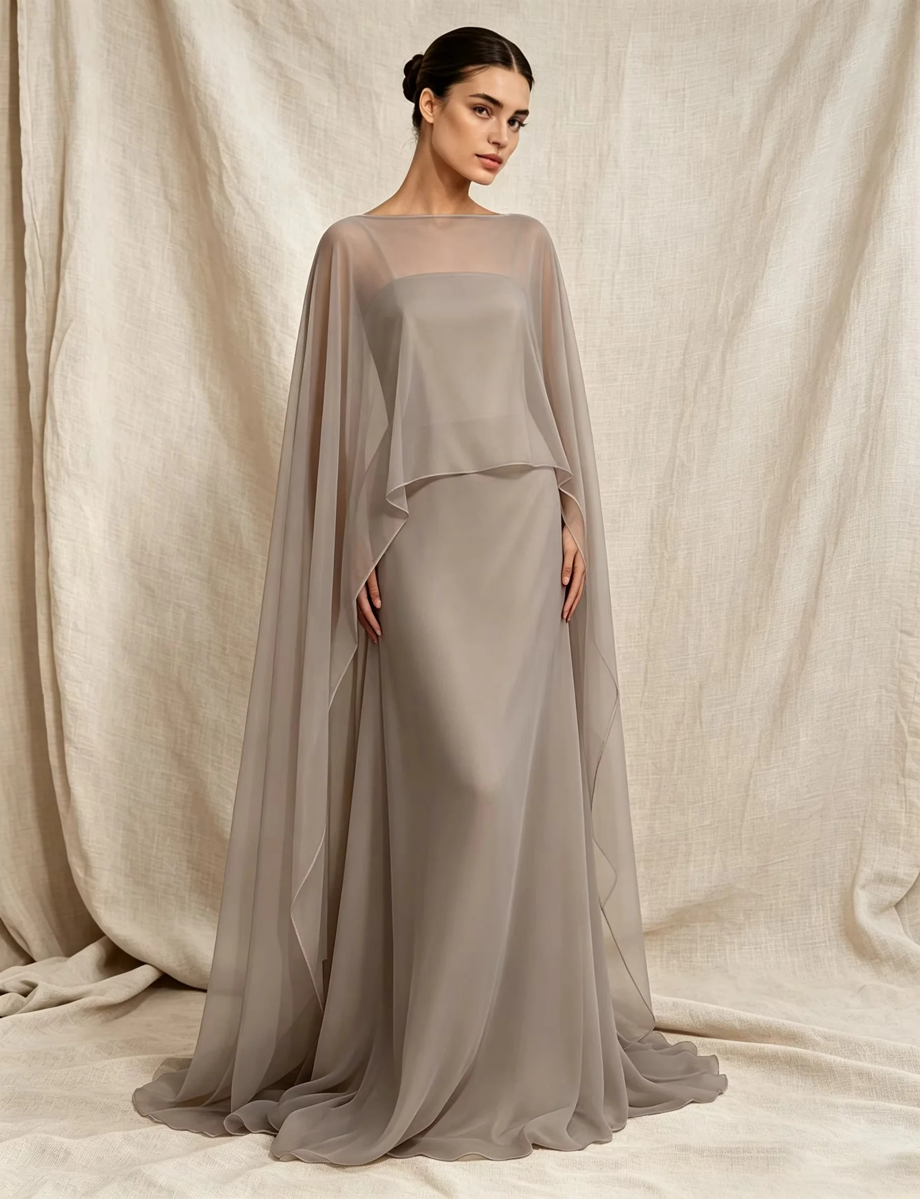Elegant modest cape evening gown with sheer tulle overlay, full inner lining. Custom size available, zipper back design. Perfect