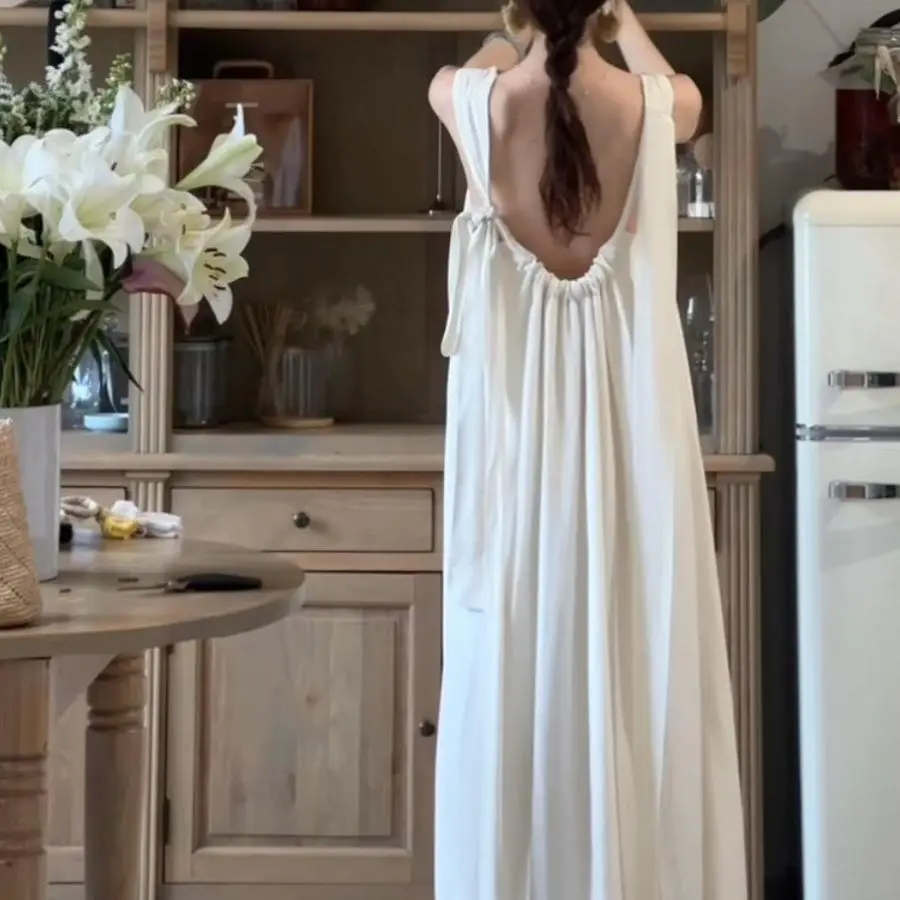 

New Summer Chilled Sensation Slimming Midi Dr White Strapl V-Ne Gown High Waist Silk Simulation Material Svel