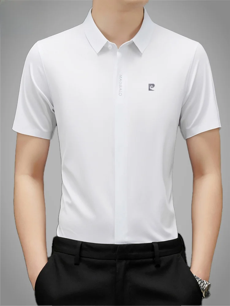 

Pierre Cardin Men's Silk irt ort Sve White Thin Pure Color True Silk Top Faionable Urban Sle Summer Clothing