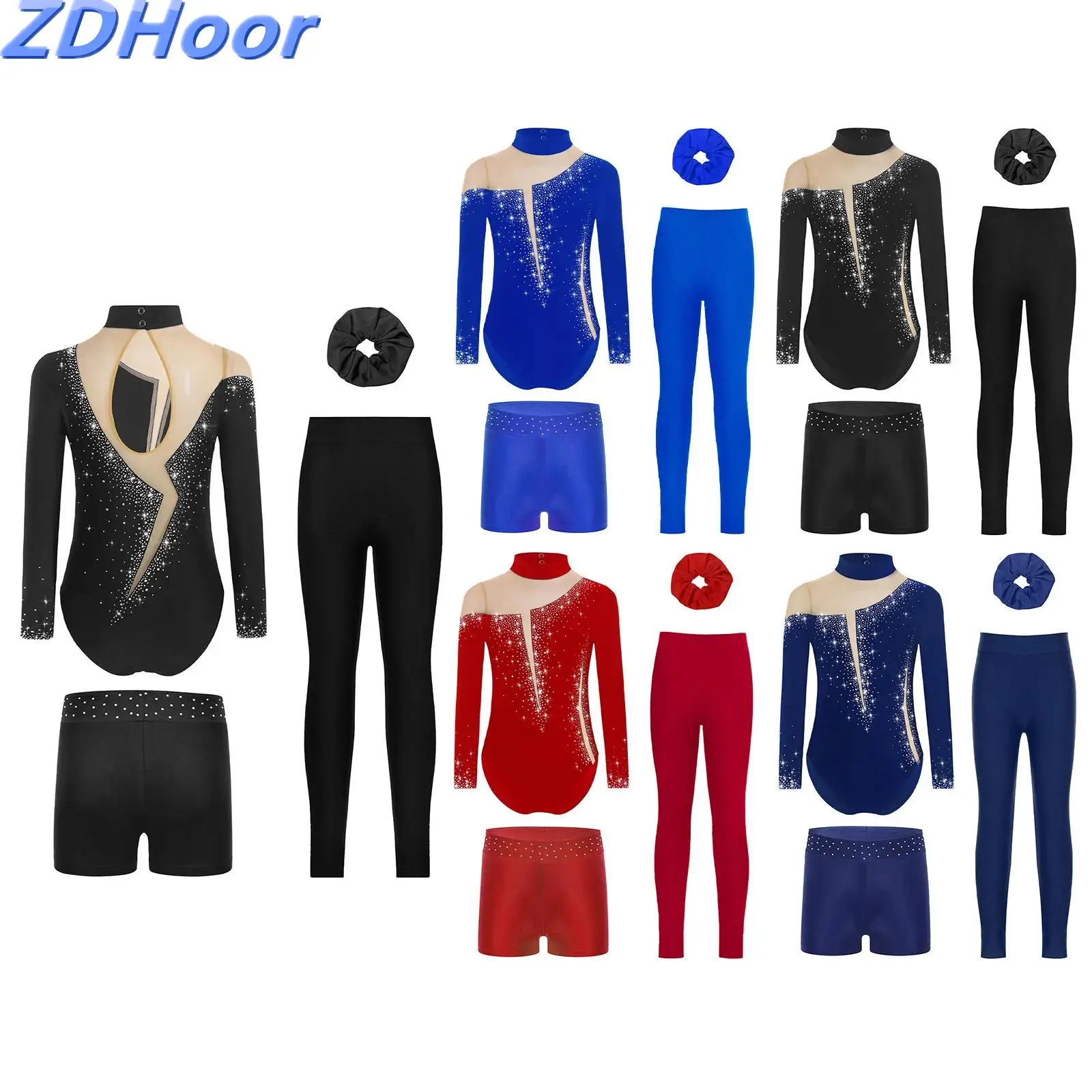 

Kids Girls Keyhole Back Dance Outfit Long Sleeve Sheer Mesh Patchwork Leotard with Shorts Leggings And Hairband for Gymnastics