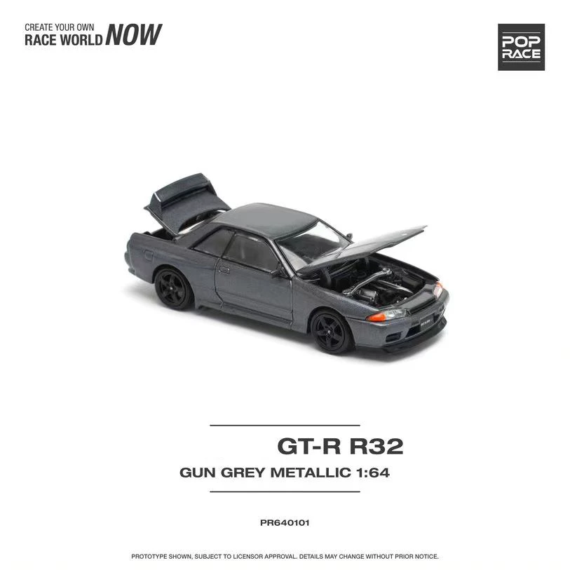 PreSale Pop Race 1:64 Skyline GTR R32 Gun Grey Openable Hood Diecast Diorama Car Model