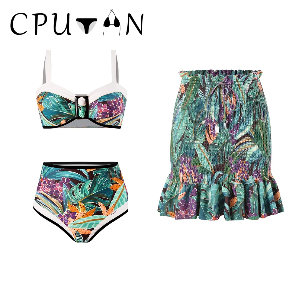 CPUTAN 2024 Sexy High Waist Bikini Set Women 3 Pieces Swimsuit Dress Retro Print Swimwear and Skirt Ladies Summer Push Beachwear