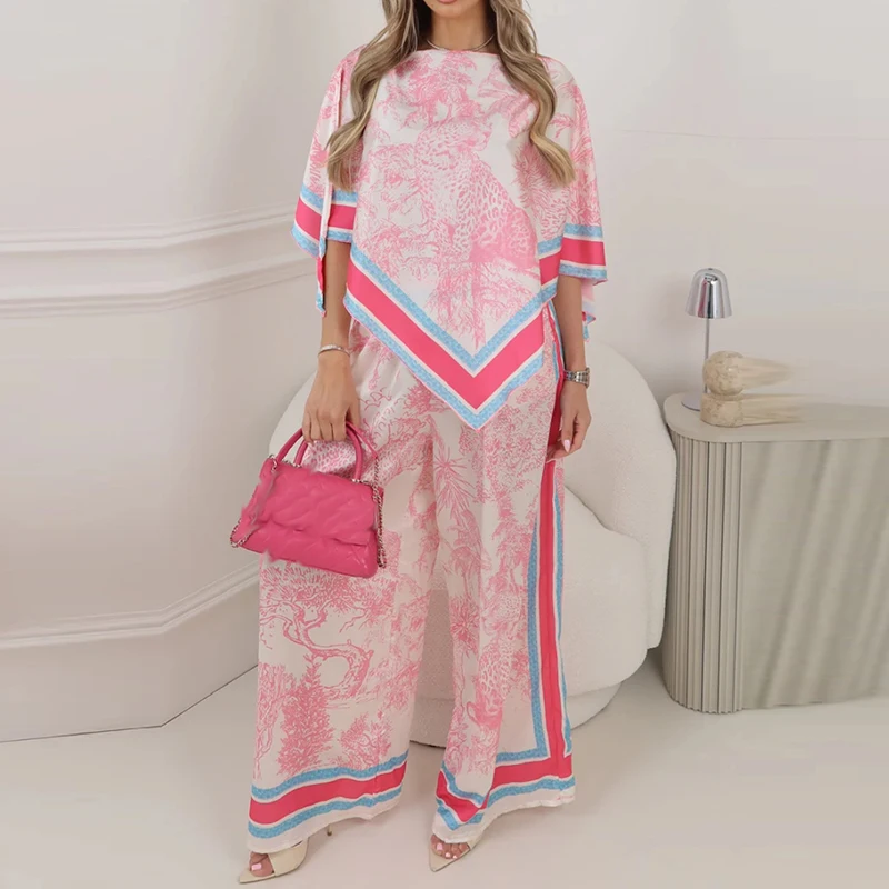 

Fashion Satin Holiday Outfit Spring Summer Print Loose Women's Suit Casual O Neck Short Sleeved Top and Long Pants Two Piece Set