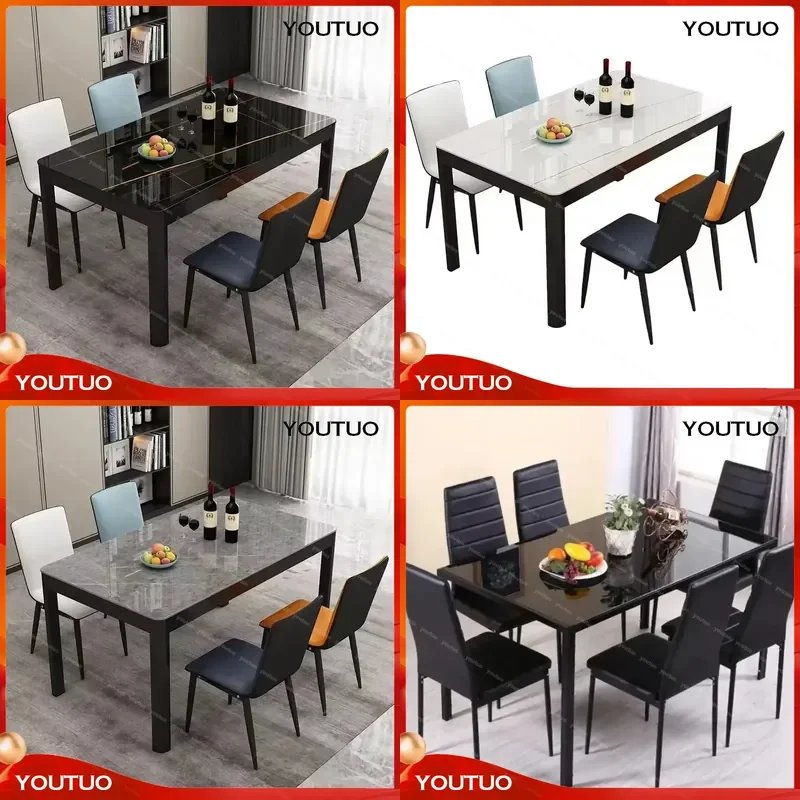 Yi Modern Fiber Glass Top Dining Table Set 4 Seater Classic Design with Chairs Afdable Home Furniture