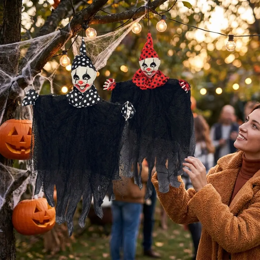 Tattered Ripped Gauze Skirt Polka Dot Clown Hanging Ghost Hand Painted Simulated Hanging Scary Ghost Decor with Pointed Hat
