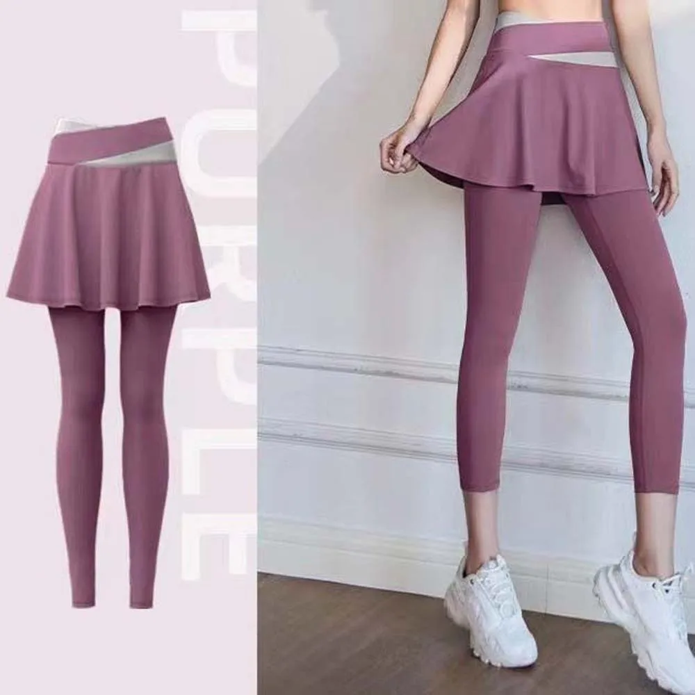 Combined in One Fitness Leggings High Waist Contrasting Color Elastic Pants Skirt Tight Plus Size Sports Yoga Pants Jogging