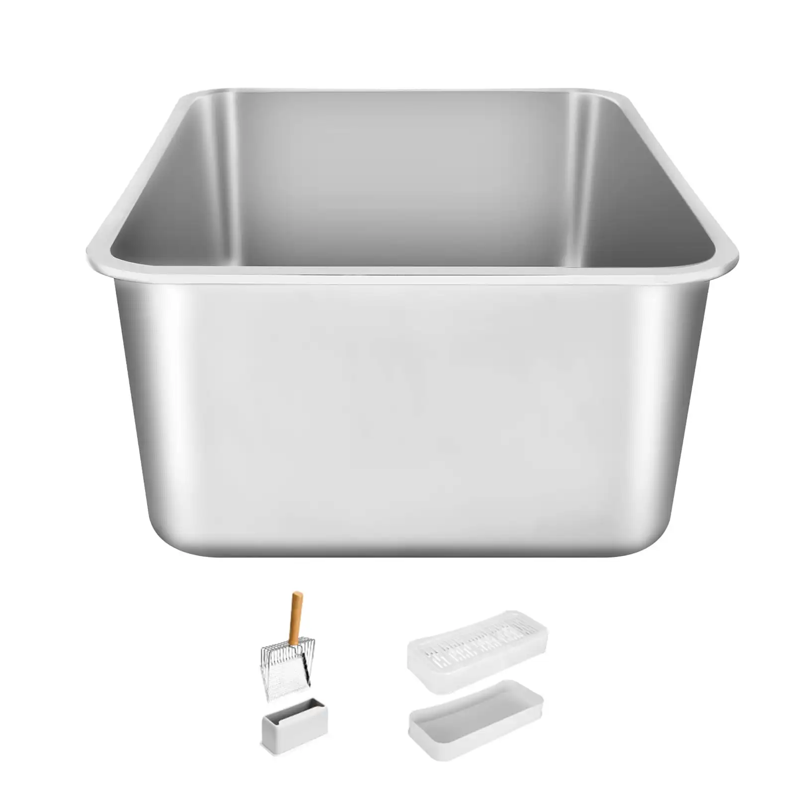 

Cat Litter Box, 8-inch Depth, XL Size, Stainless Steel, Includes Scoop, Broad Filter Foot Board & Tall Sides,