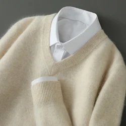 Pull en cachemire tricoté à fond épais pour hommes, pull en laine, col en V, ample, haut chaud, version coréenne, automne et hiver