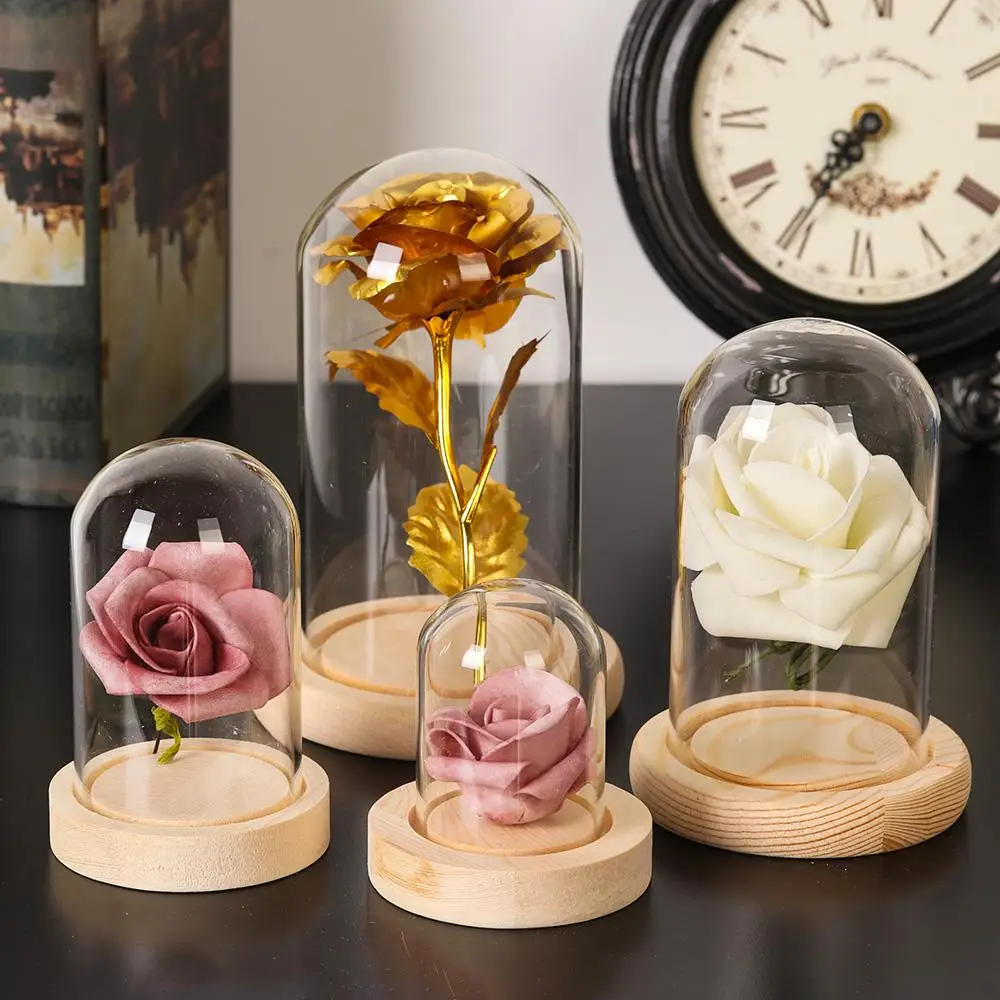 Glass Dome Wooden Base Container Tabletop Display Glass Cover Dry Flower Ornaments Craft Dust Bell Jar Terrarium Landscape Vase