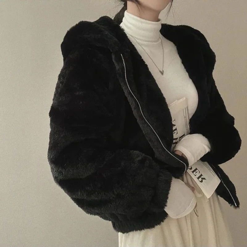 Podzimní zimní kabát s kapucí, teplý, volný, z umělé králičí kožešiny, zahušťovací korejský plyšový zimní kabát vysoké kvality - náhled 6