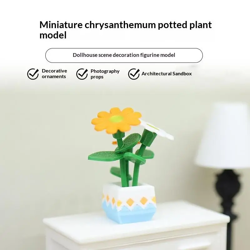 ~Mini Artificial Chrysanthemum Potted Model Dollhouse Micro Garden Plant Potted Ornament For Dollhouse Decor Sand Table Props