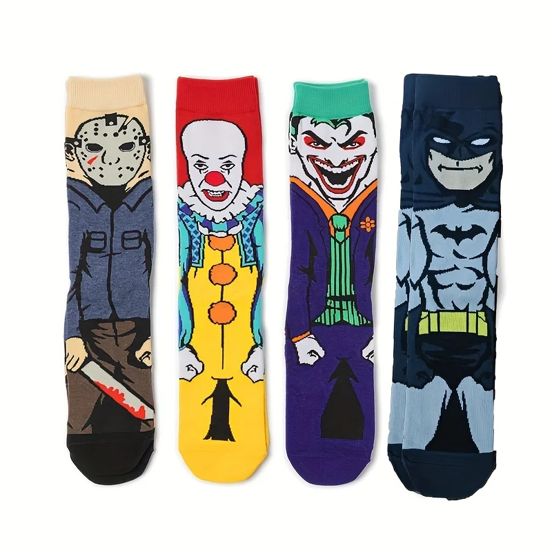 4 pair Anime straight tube men\'s socks straight board cartoon character socks personality fashion brand skateboard cotton socks