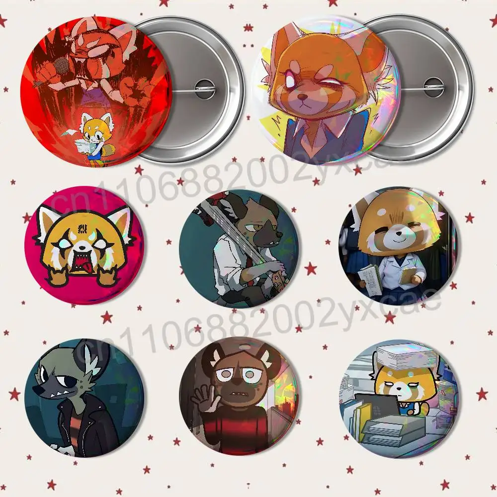 workplace elite Aggretsuko Retsuko Reflective Pin Tinplate Round Brooch Cartoon Cosplay Badges for Bag Hat Toys Gifts