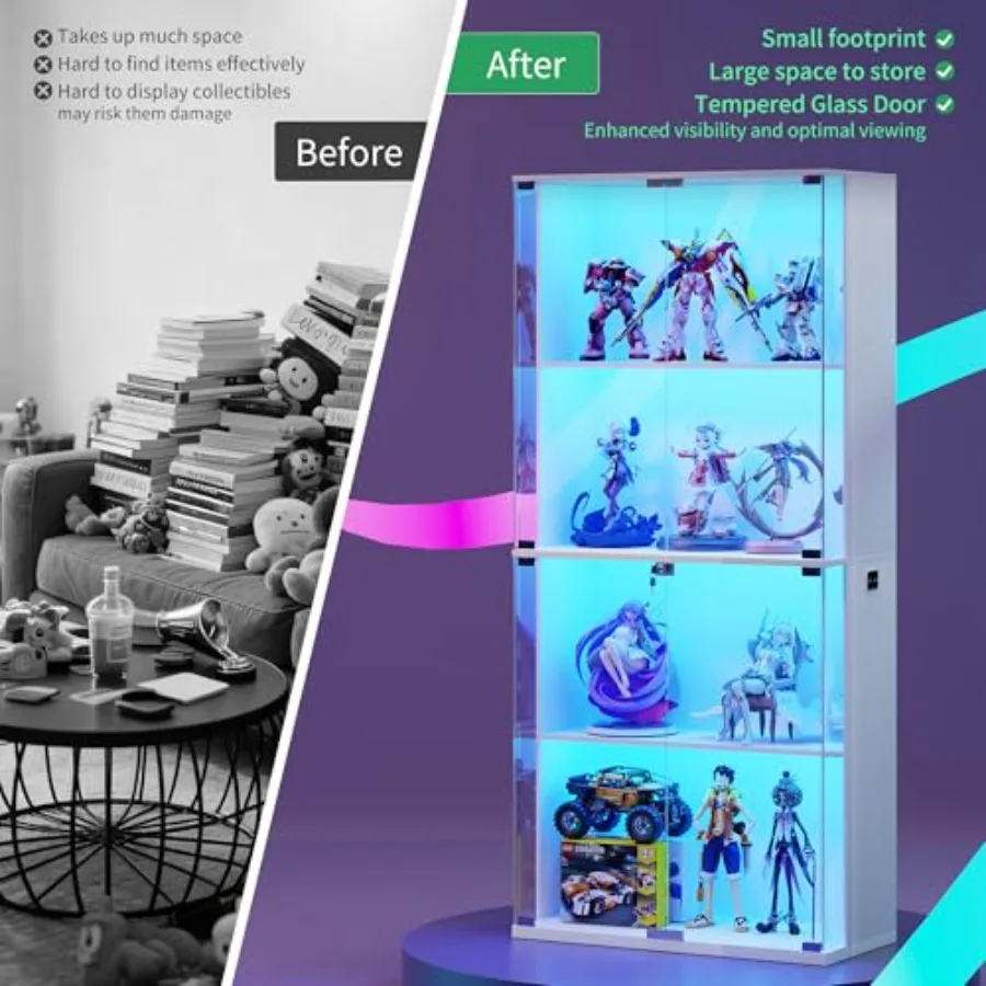 66 Glass Display Cabinet for Collectibles, Toys, Books - White Tempered Glass with 3-Color LED Lights, Lockable Storage, Motion view 6