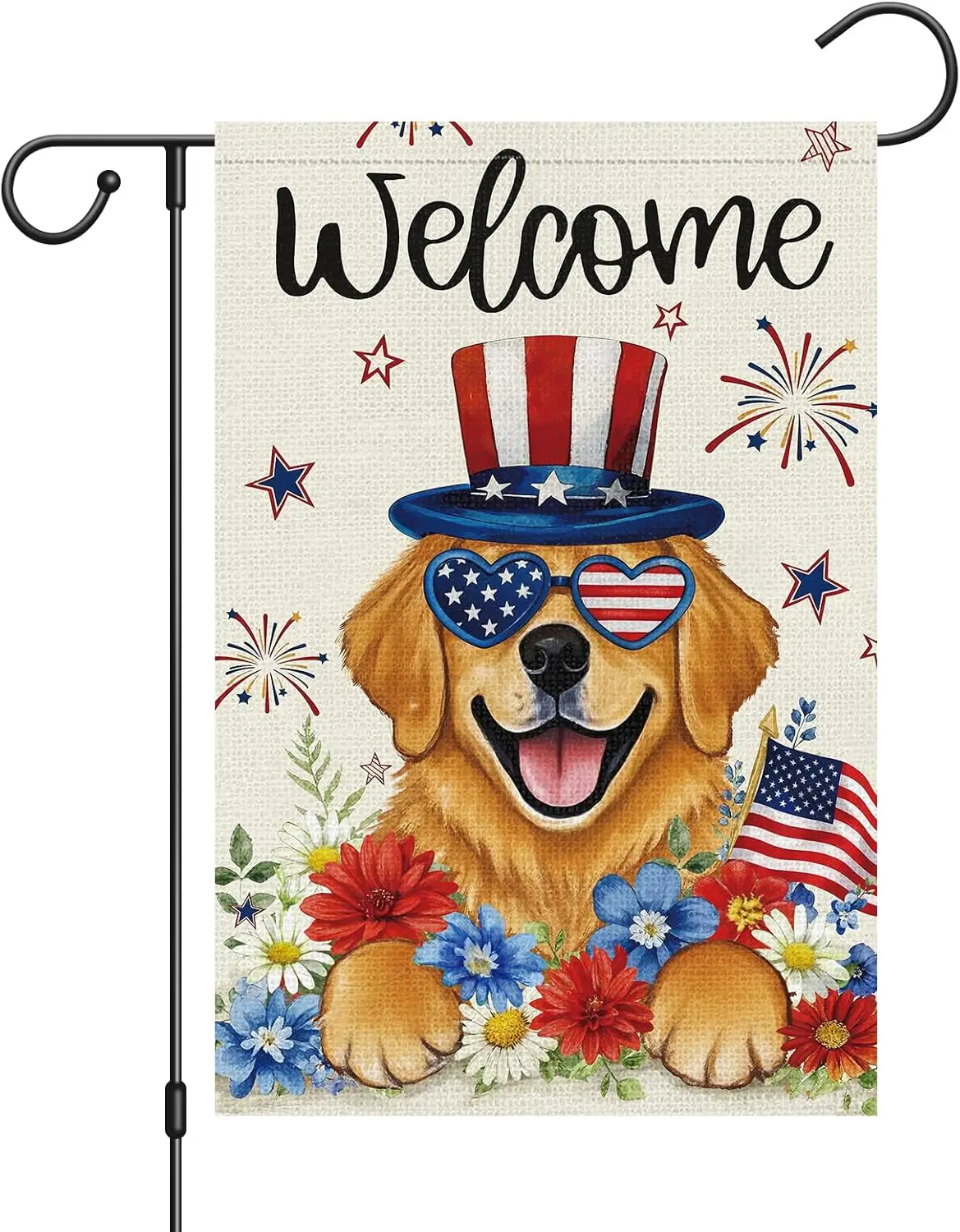 Patriotic 4th of July Garden Flag 12x18 Inch Double Sided for Outside, Golden Retriever Dog Flower Welcome Yard Sign Memoria ZZM