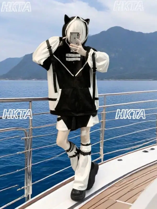 

Японский двухмерный субкультурный стиль Y2K: милые мультяшные свободные худи и шорты в стиле кэжуал с цветовыми блоками для женщин