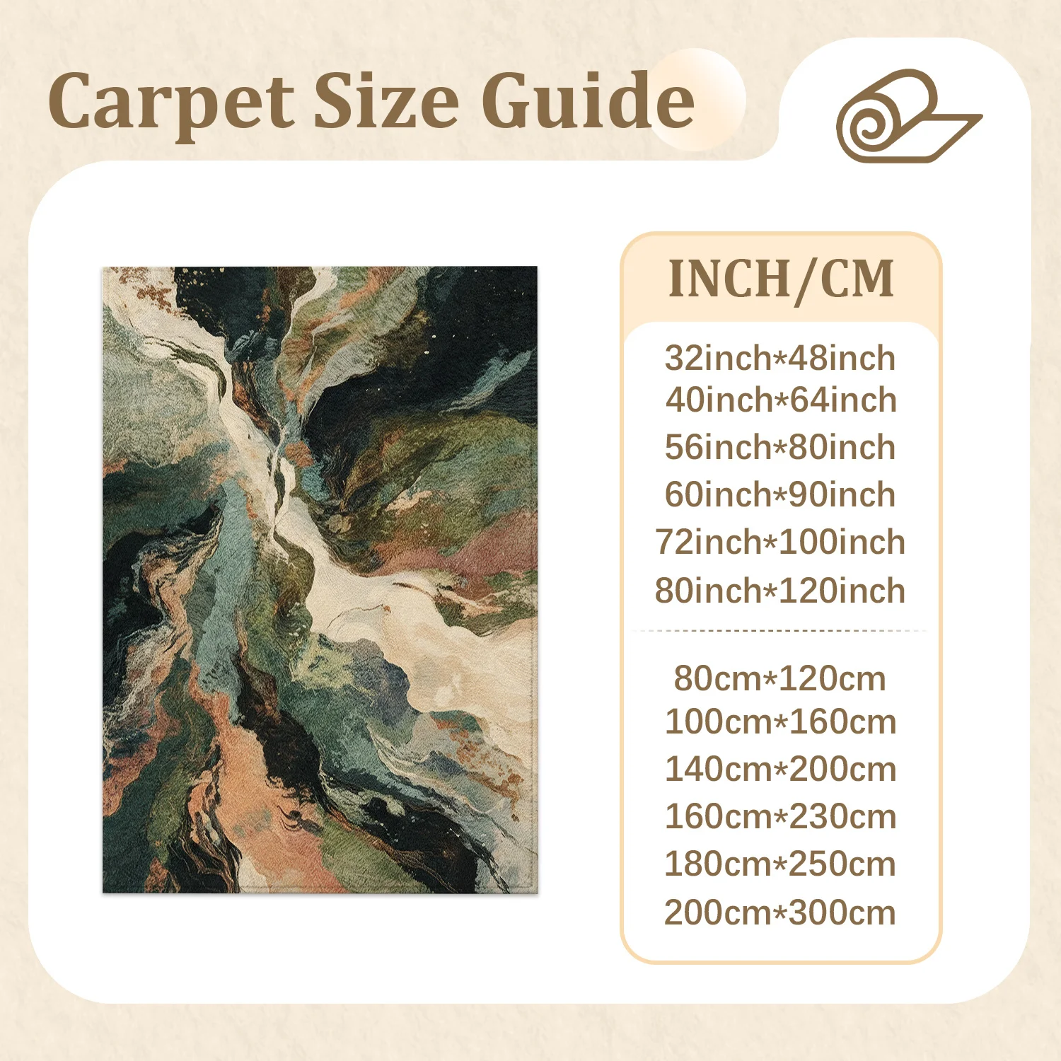 Large Indoor Area Rug, Soft Velvet Low Pile with Non-Slip Dotted Backing, Machine Washable Abstract Fluid Mountain Art Rug in Earthy Green and Terracotta Tones for Living Room, Bedroom, Entryway