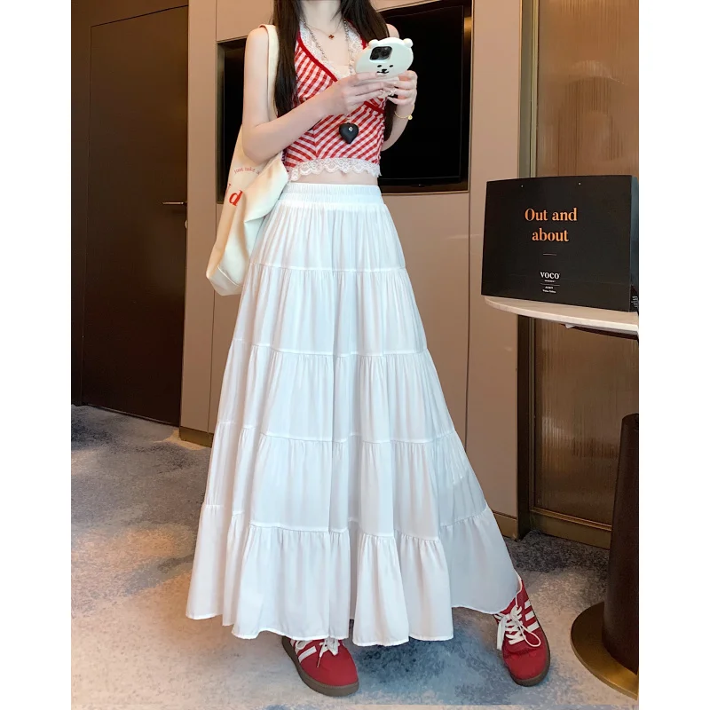 

New White High-Waisted A-Line Midi for Women Spring Summer Gentle Style Cake Skirt