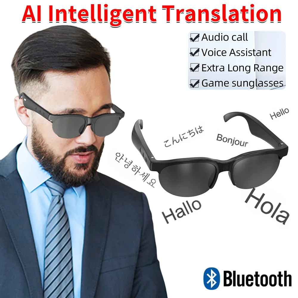 

AI Intelligent Translation Glasses Built-in Microphone Speakers Smart Glasses Earphone Glasses Wireless Headphones for Men Women
