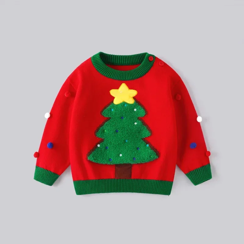 2024 Children\'s Sweater Red Pullover Christmas Kids Korean Festival Knitwear Matching Girls Cute Fur Ball Round Neck Costume