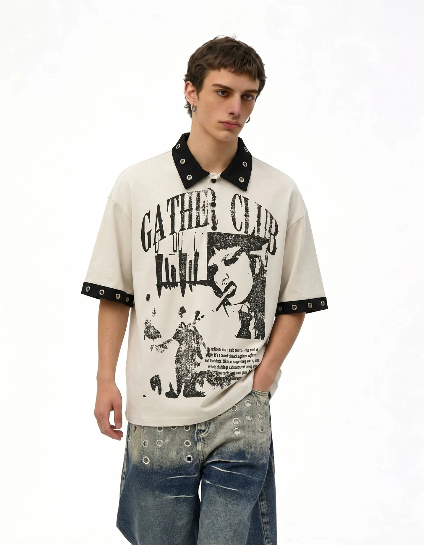 2026 Summer Men's Vintage Figure Print T Shirt Contrast Polo Collar Short Sleeve Eyelet Rivet High Street Casual Oversized Top