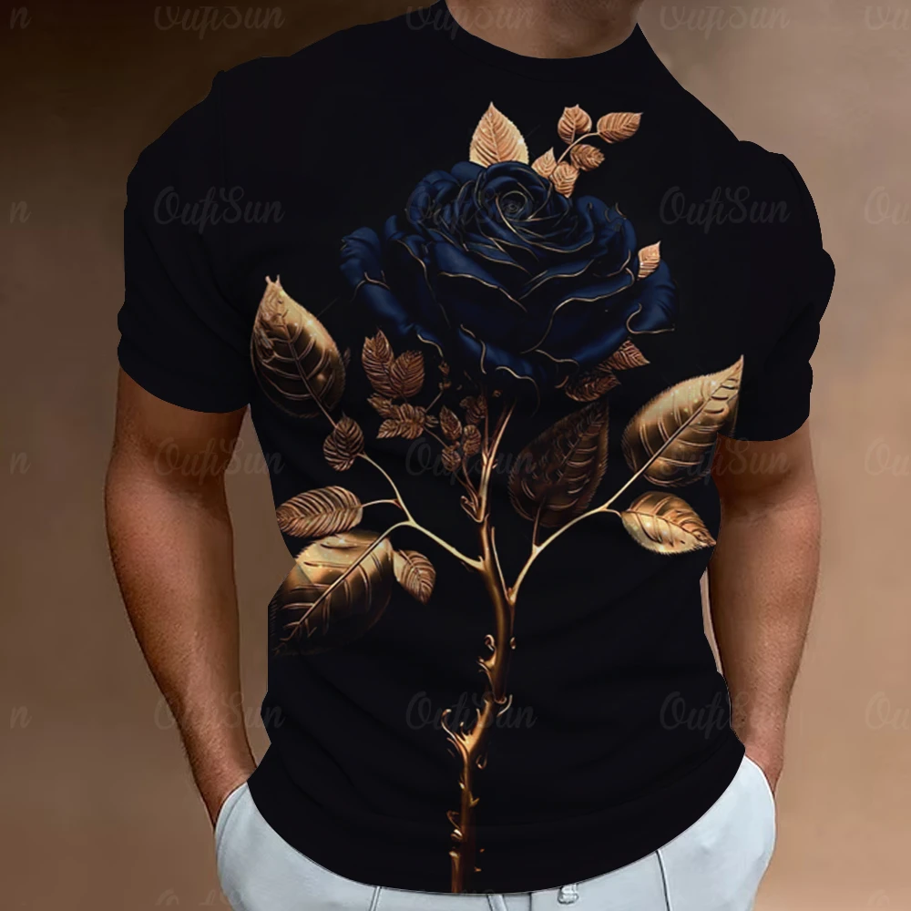 Fashion Men\'s T-Shirt 3D Flower Print Short Sleeve Tops Street Casual Rose T Shirt Streetwear Oversized Tee Shirt Men Clothing