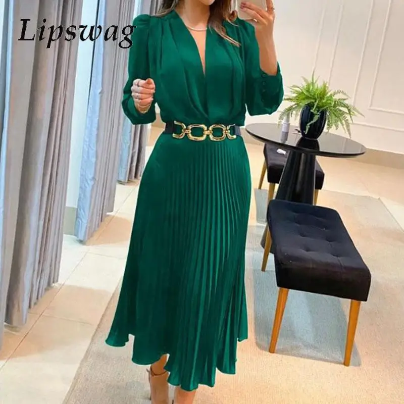 

2024 Fashion Ladies V-neck Office Dress Autumn Temperament Long Sleeve Solid Party Long Dress Women Elegant Pleat Ruffles Dress