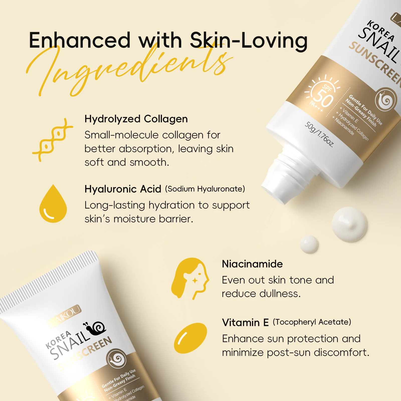 

LAIKOU Snail Mucin Sunscreen, Lightweight Face Sun Cream for Daily Use, Hydrating UV Protection Sun Block 50g Creamy Travel Size