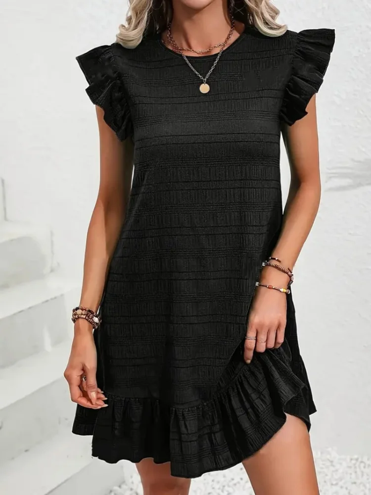 

Sister Star Women's Comfortable Casual Solid Color Round Neck Ruffle Sleeveless Temperament Commuter Short Dresses