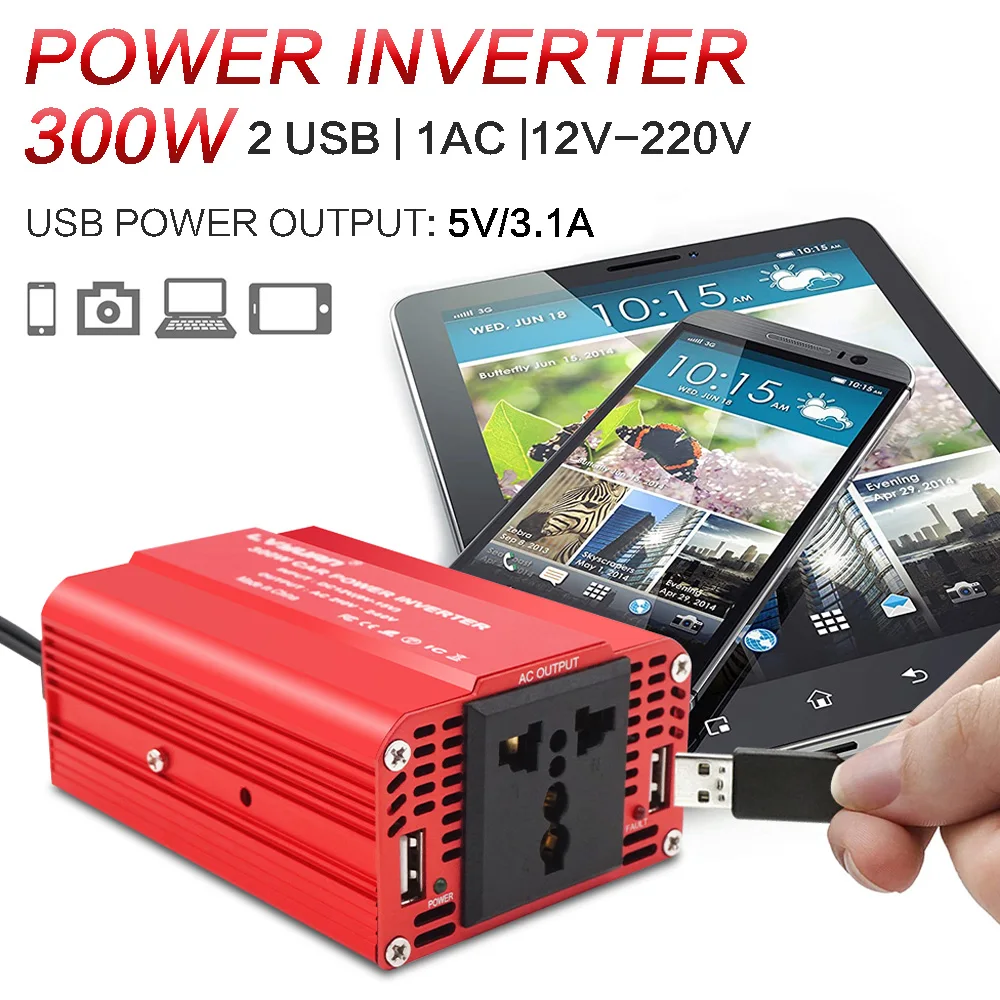 300W Portable Car Inverter DC12V TO AC220V 50Hz Power Adapter Transfomer Dual USB 3.1A Converter EU Universal Socket inversor