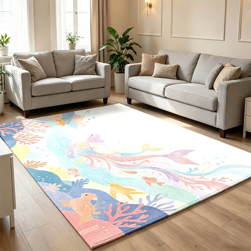 Pastel Mermaid Ocean Fantasy Area Rug Under‑Sea Coral Fish Art Print Large Floor Mat for Whimsical Marine Themed Decor Area Rug