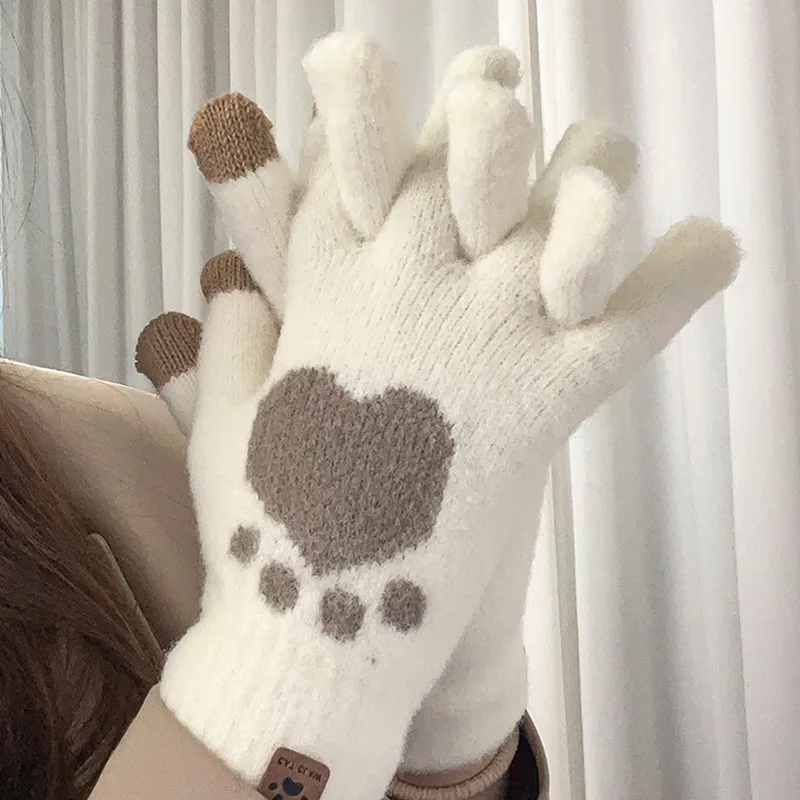 

Cat Paw Pattern Touchscreen Gloves For Women Winter Gloves Imitation Wool Full Finger Mittens Soft Fluffy Outdoor Skiing Gloves