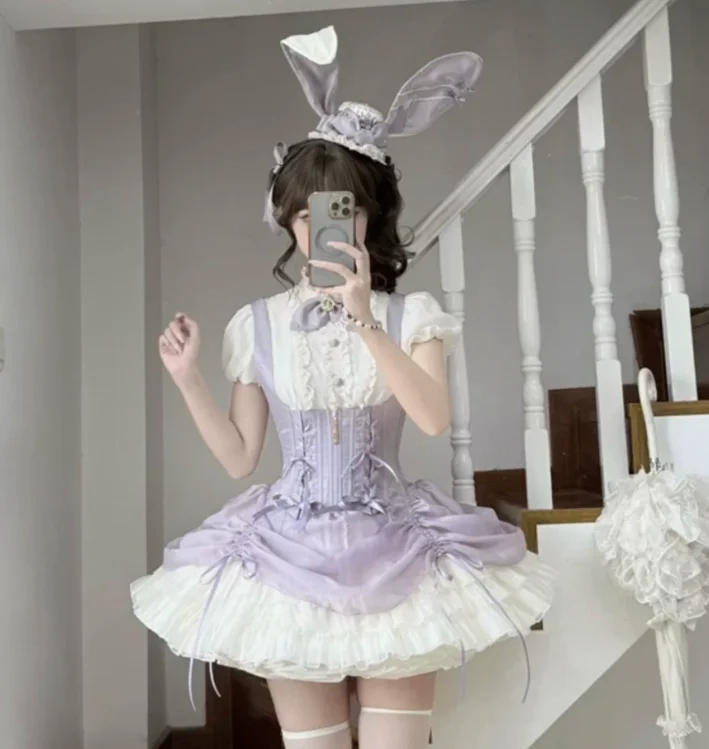 Lolita Gothic Fishbone Lolita Cake Princess Dress Sweet Cool Women Fashion High Waist A-line Versatile Stand Collar Shirt Stes