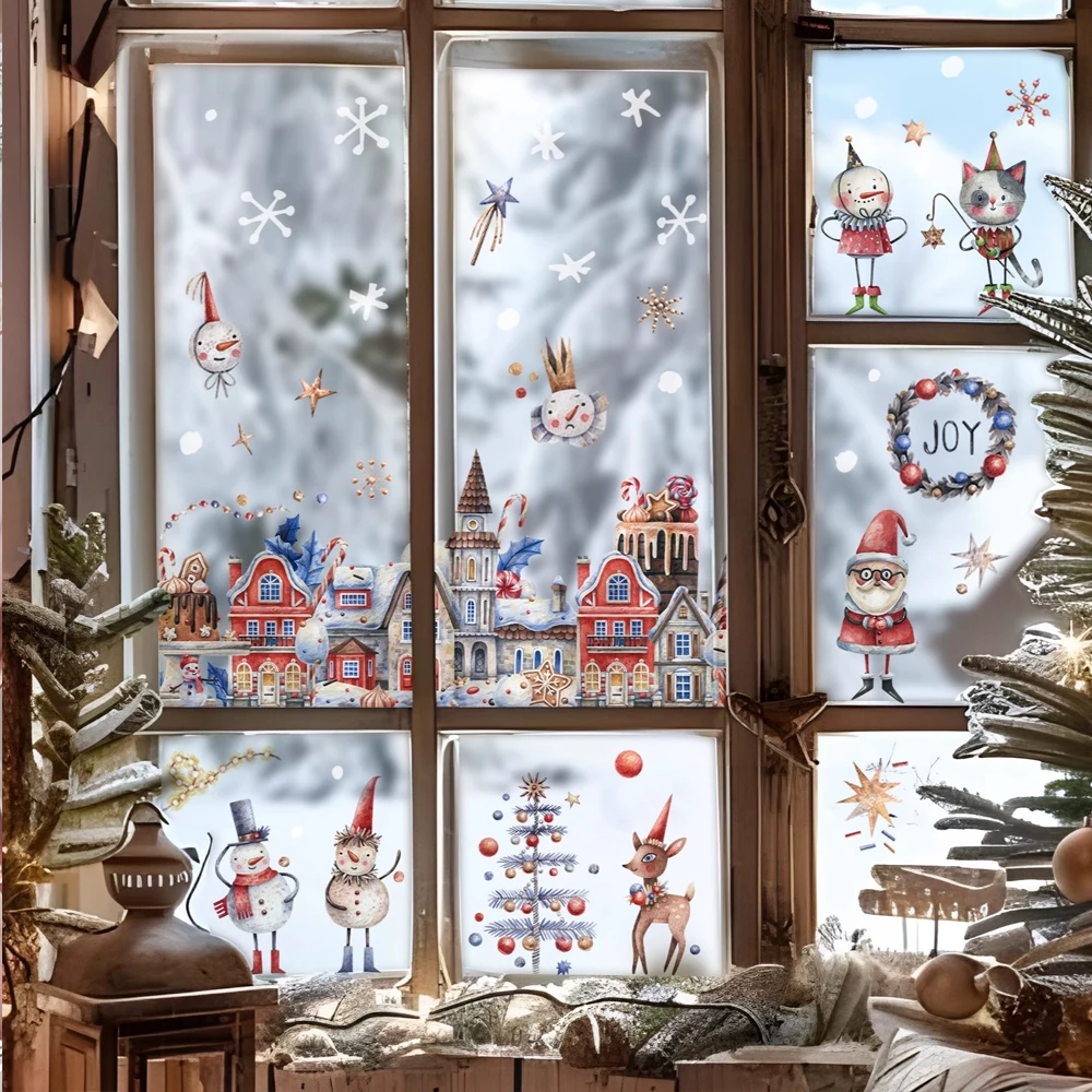 Double-Sided Stained Christmas Window Sticker Snowman and Candy House, Static Clings Reusable Xmas Supplies Glass Film for Home